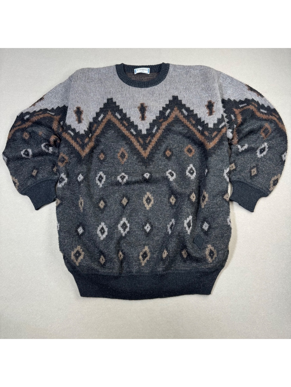 Vintage 80s YSL Yves Saint Laurent Tricots Mohair Aztec Knit Sweater Grey Fits L
